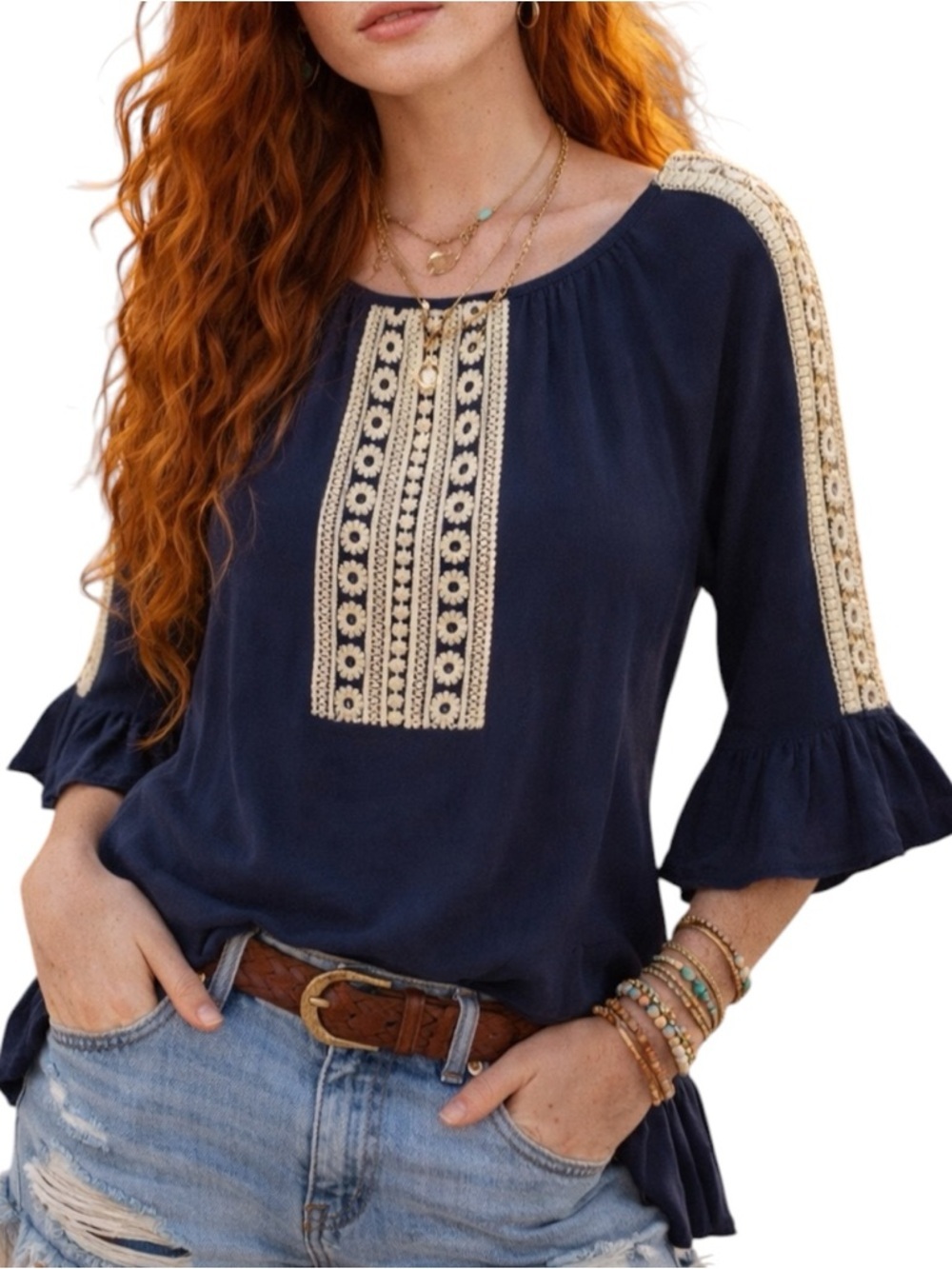 Indigo Soul Navy Blue Lace Embroidered Ruffle Sleeve Peasant Tunic Top Small